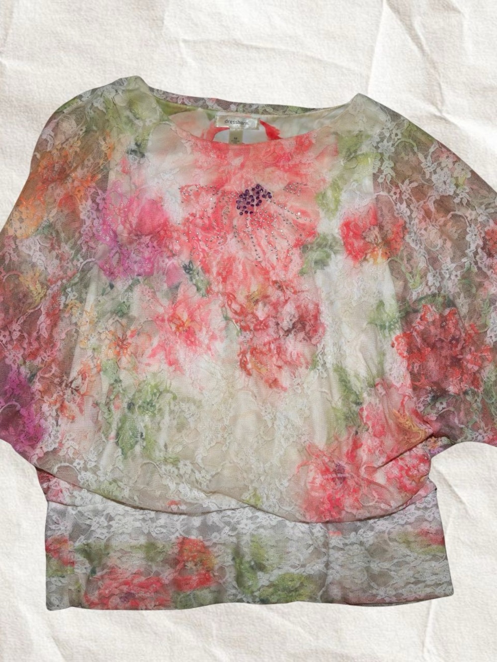 Dress Barn Floral Lace Overlay Top - Pink, Green, Cream